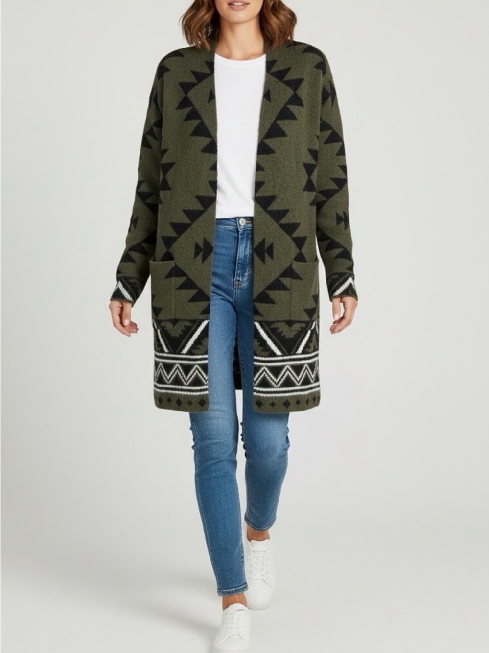 Frye Women's The Cozy Open Front Cardigan Burnt Olive Combo Aztec Pattern M
